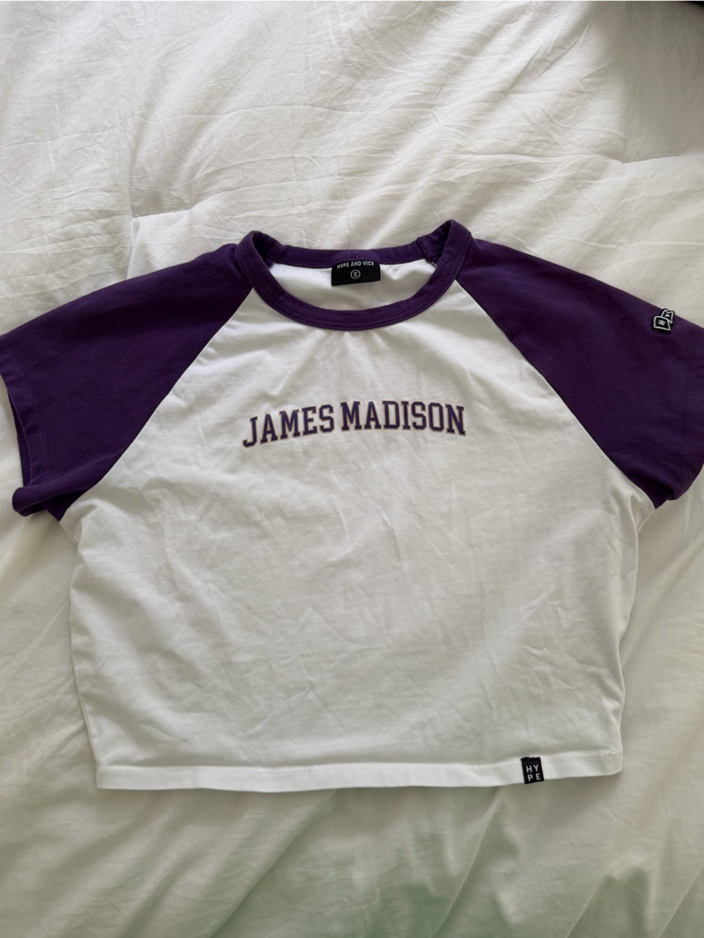 James Madison Two-Tone White and Purple Women's Baby Tee